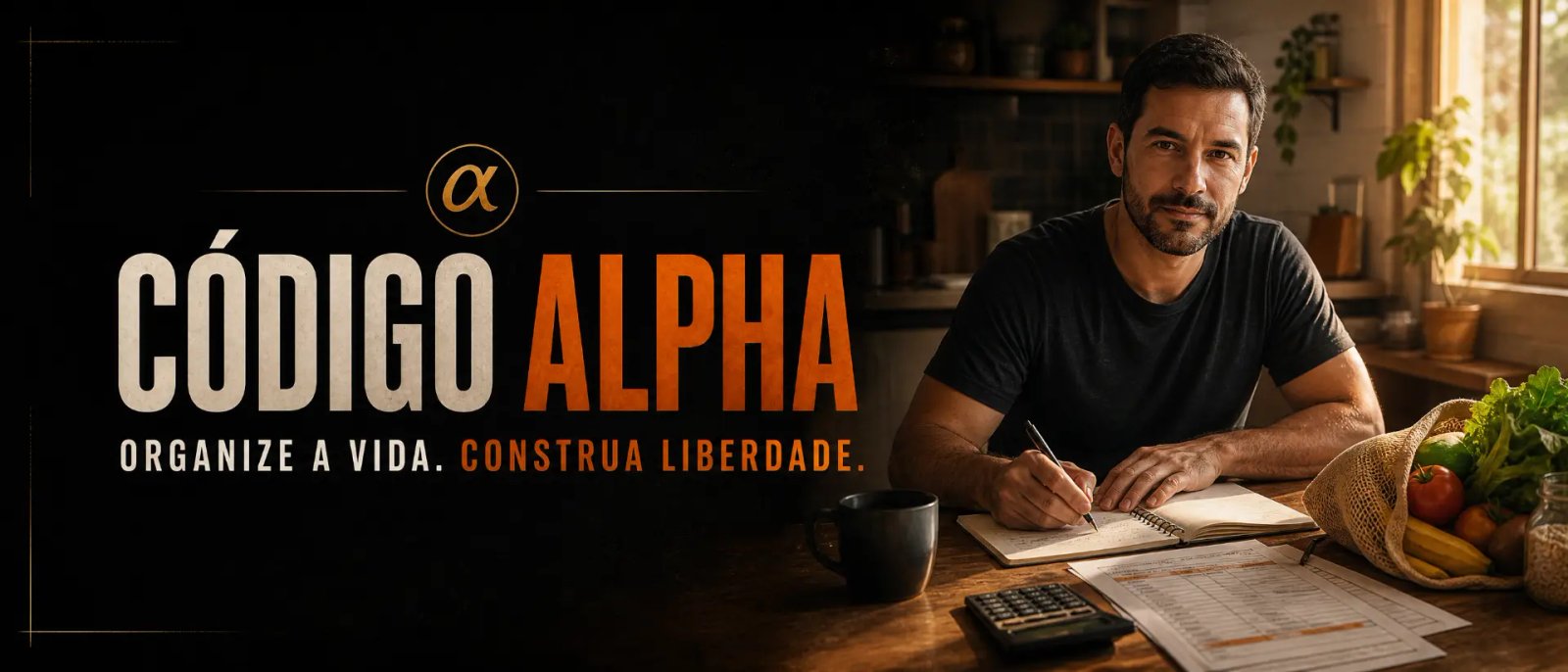 Homem organizando as finanças e a rotina em um caderno na cozinha